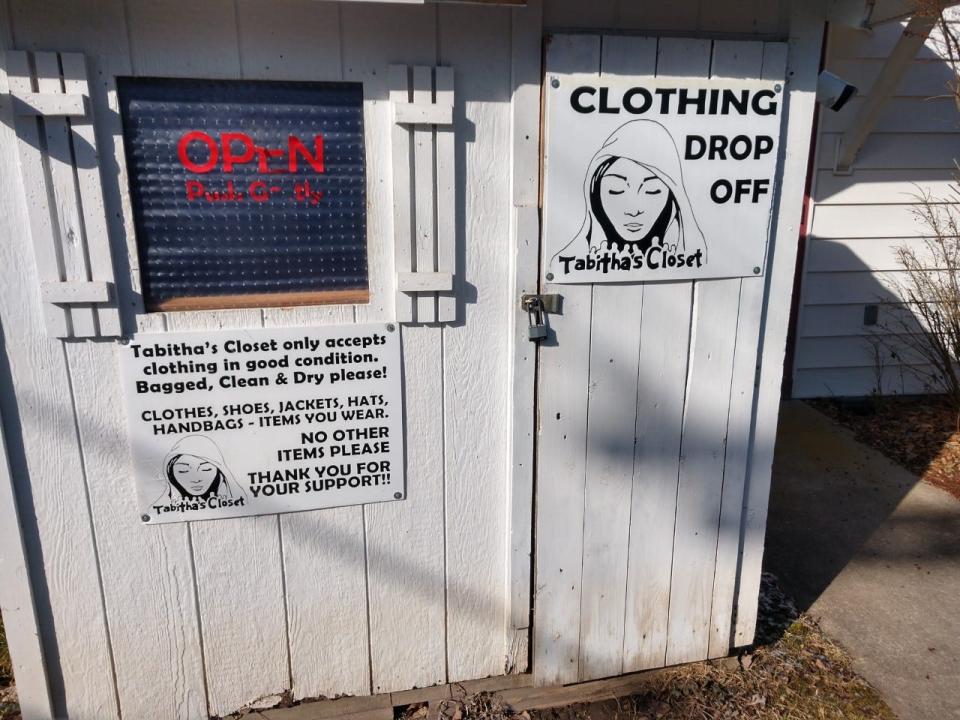 The donation drop box for Tabitha’s Closet is located outside of the Afton Methodist Church.