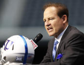 Kansas head coach Les Miles speaks on the first day of Big 12 Conference NCAA college football media days Monday, July 15, 2019, at AT&T Stadium in Arlington, Texas. This is Miles' first season at Kansas. (AP Photo/David Kent)