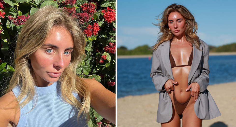 Adult content creator Bonnie Blue in a blue top, left, and ,right, posing on the beach. 