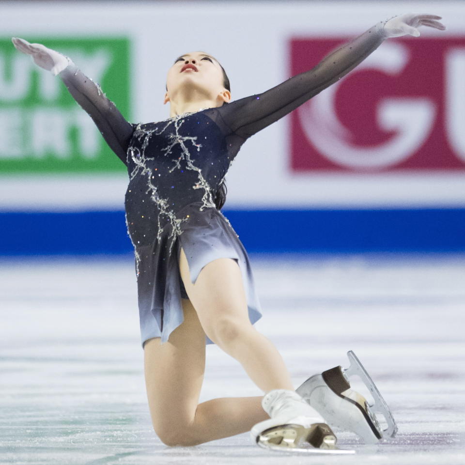 Rika Kihira, of Japan, skates during the ladies free skate at the Grand Prix of Figure Skating finals in Vancouver, British Columbia, Saturday, Dec. 8, 2018. (Jonathan Hayward/The Canadian Press via AP)