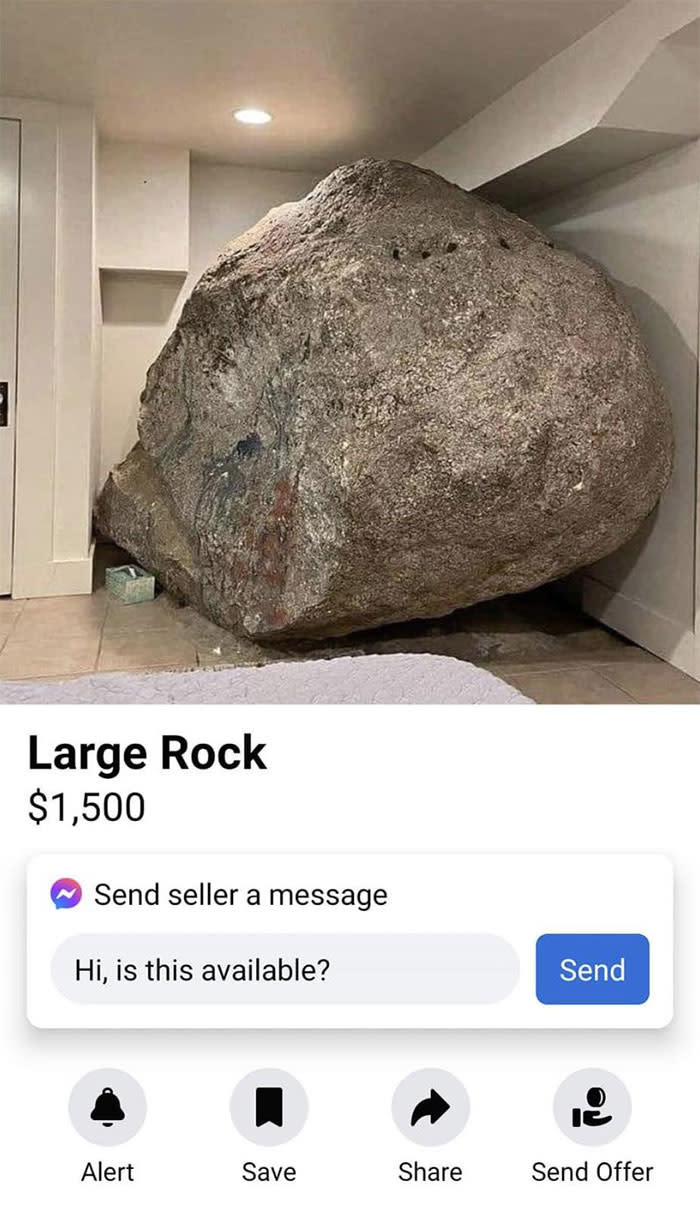 A large rock is displayed inside a modern room in an online listing for $1,500. An inquiry text box shows someone asking if the rock is available