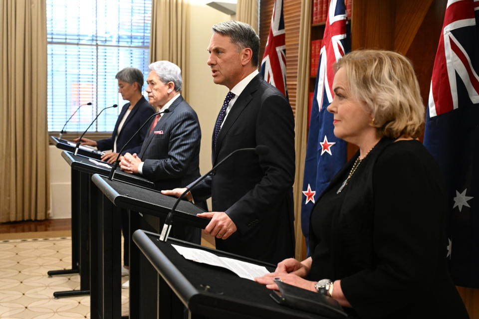 Australia Foreign Minister Penny Wong, New Zealand Foreign Minister Winston Peters, Australia Defence Minister Richard Marles and New Zealand Defence Minister Judith Collins speak to media.