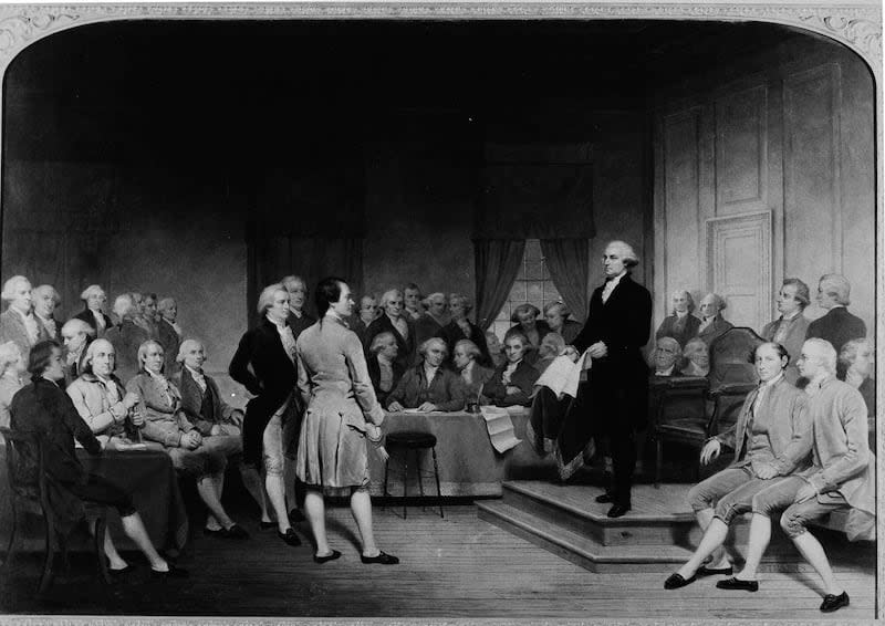 George Washington is depicted in the 1856 painting "George Washington Addressing the Constitutional Convention" by Junius Brutus Stearns, depicting a climactic moment at the end of the convention. | Associated Press