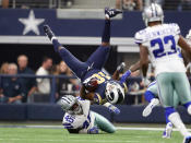 <p>Los Angeles Rams receiver Pharoh Cooper (10) in upended on a kick-off return by Dallas Cowboys fullback Rod Smith (45) at AT&T Stadium. Mandatory Credit: Matthew Emmons-USA TODAY Sports </p>