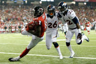 ATLANTA, GA - SEPTEMBER 17: Wide receiver Julio Jones #11 of the Atlanta Falcons drops a pass in the end zone against the Denver Broncos during a game at the Georgia Dome on September 17, 2012 in Atlanta, Georgia. (Photo by Kevin C. Cox/Getty Images)