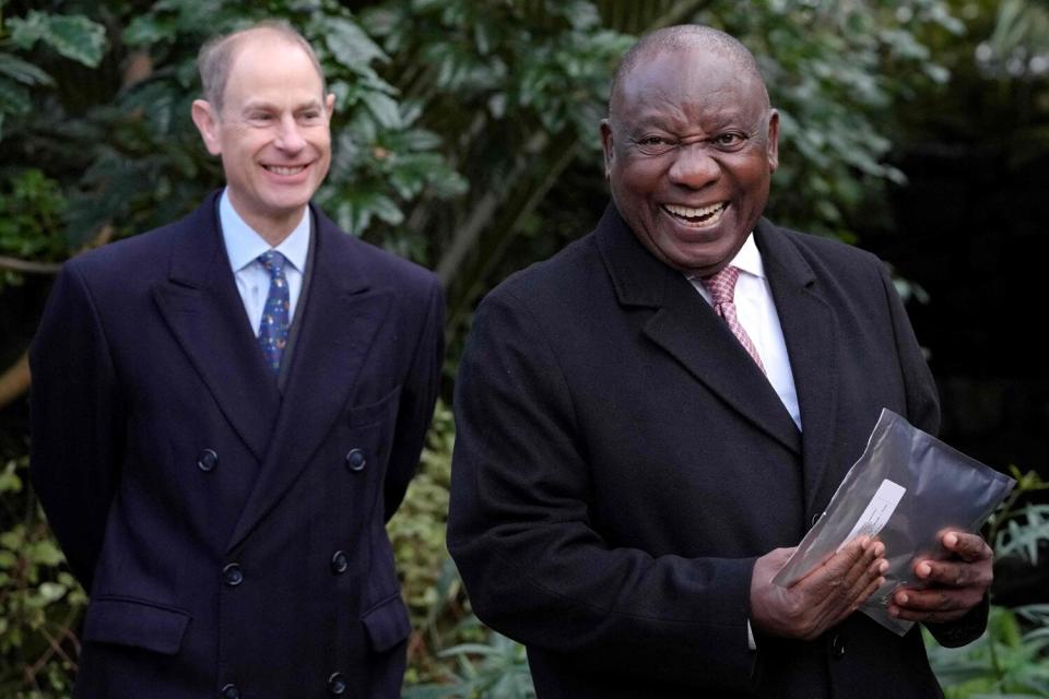 Prince Edward, Earl of Wessex and President of South Africa Cyril Ramaphosa laugh during a visit to the Royal Botanic Gardens, Kew