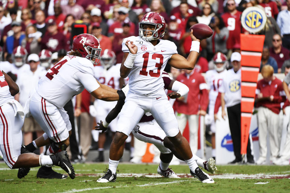 COLLEGE STATION, TEXAS - OCTOBER 12: Quarterback Tua Tagovailoa #13 of the Alabama Crimson Tide throws a pass during the game against Texas A&M Aggies at Kyle Field on October 12, 2019 in College Station, Texas. (Photo by Logan Riely/Getty Images)