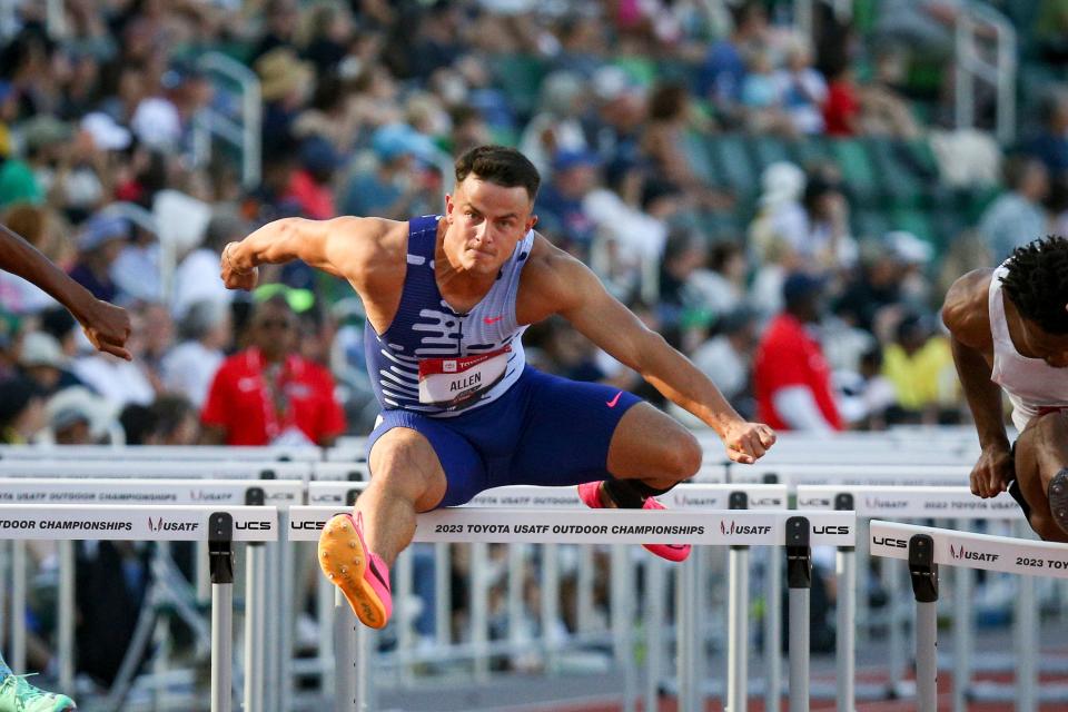 Devon Allen competes in the first round of the men’s 110 meter hurdles on day three of the USA Outdoor Track and Field Championships at Hayward Field in Eugene Saturday, July 8, 2023. 