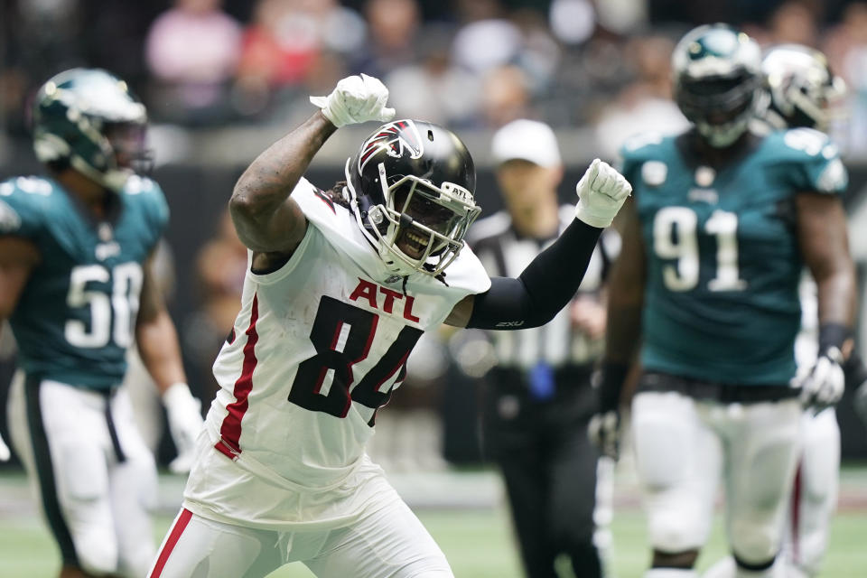 Atlanta Falcons running back Cordarrelle Patterson (84) celebrates a run against the Philadelphia Eagles during the first half of an NFL football game, Sunday, Sept. 12, 2021, in Atlanta. (AP Photo/Brynn Anderson)
