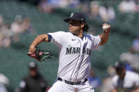 Seattle Mariners starting pitcher Marco Gonzales throws against the Los Angeles Dodgers in the first inning of a baseball game Tuesday, April 20, 2021, in Seattle. (AP Photo/Ted S. Warren)