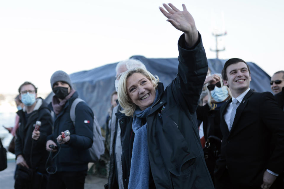 French far-right presidential candidate Marine Le Pen meets with fishermen representatives during a visit of the port of Saint Malo, western France, Friday, Jan. 14, 2022. (AP Photo/ Jeremias Gonzalez)
