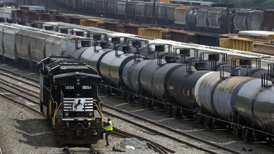 FILE - Norfolk Southern locomotives are moved in Norfolk Southern's Conway Terminal, June 17, 2023, in Conway, Pa. The goal of a new federal rule finalized Monday, June 24, 2024 is ensuring first responders can find out what hazardous chemicals are on a train almost immediately after a derailment, so they can respond appropriately. (AP Photo/Gene J. Puskar, File)