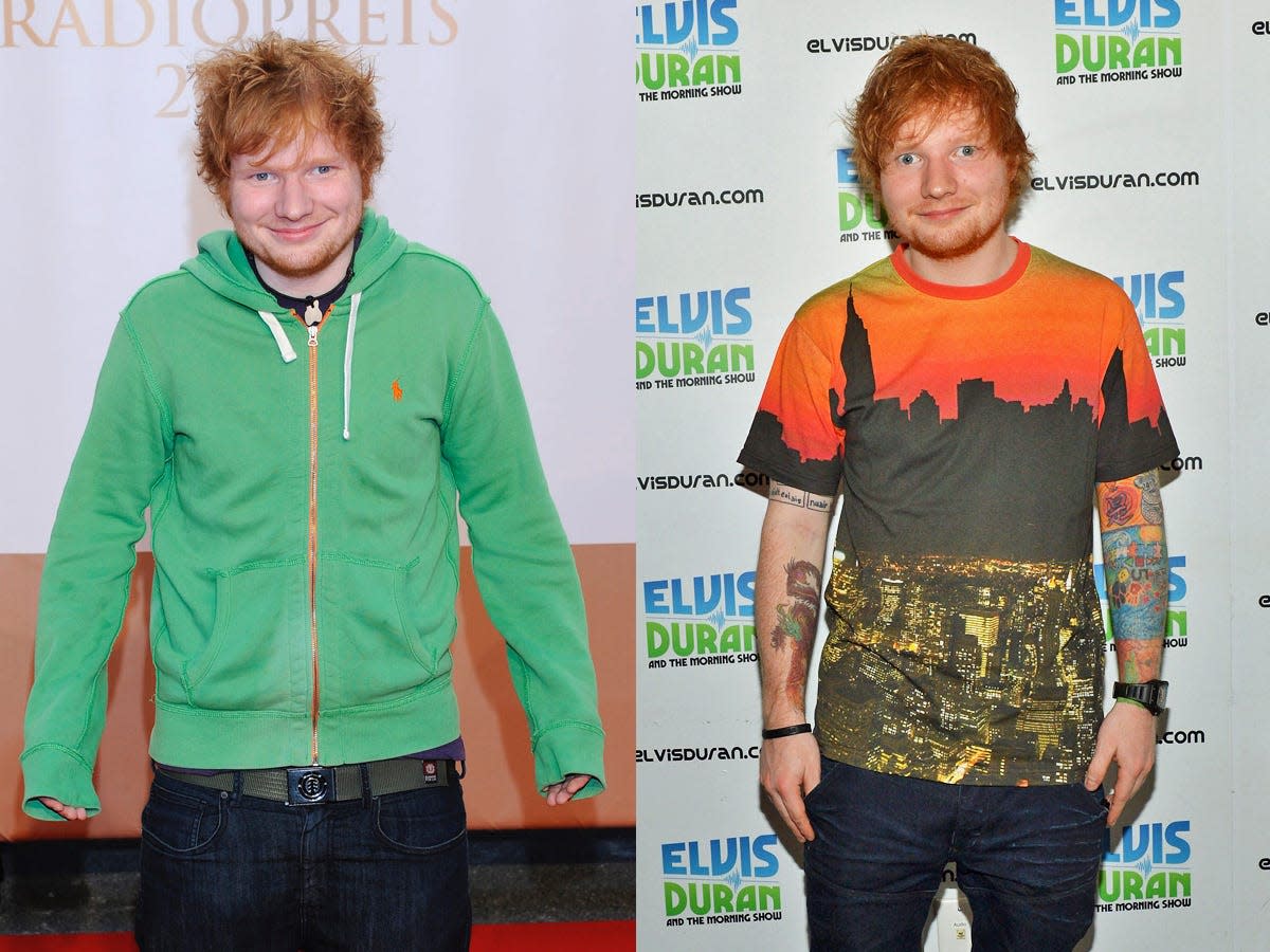 Ed Sheeran (a man with red hair) in two photos of red carpet events.