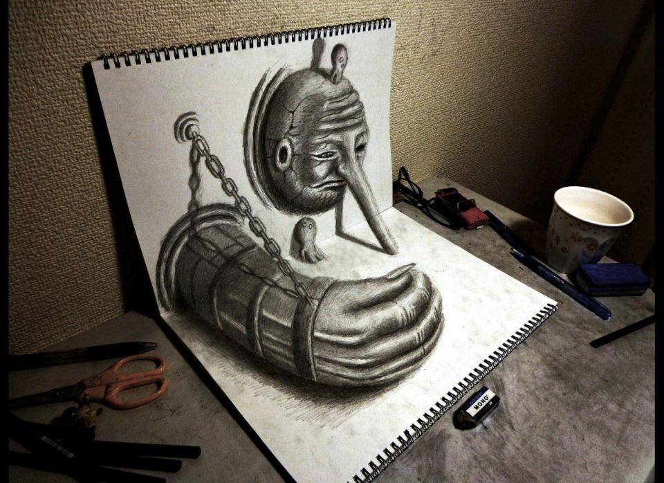 Amazing pop art by <a href="http://www.huffingtonpost.co.uk/2012/06/27/nagai-hideyuki-3d-sketches_n_1630487.html?utm_hp_ref=optical-illusions" target="_hplink">Nagai Hideyuki (read the full story).</a>