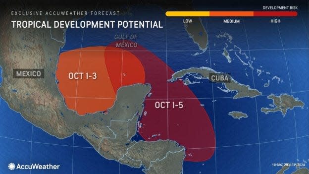 Potential for tropical development in the Caribbean Sea or Gulf of Mexico Oct. 1-5, 2024.