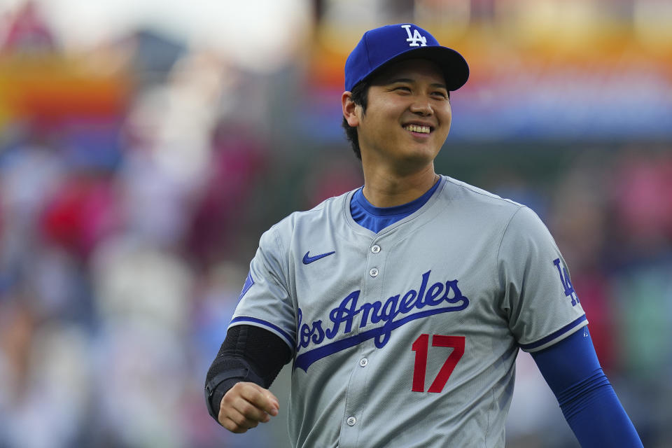 PHILADELPHIA, PENNSYLVANIA - JULY 9: Shohei Ohtani #17 of the Los Angeles Dodgers smiles prior to the game against the Philadelphia Phillies at Citizens Bank Park on July 9, 2024 in Philadelphia, Pennsylvania. The Phillies defeated the Dodgers 10-1. (Photo by Mitchell Leff/Getty Images)