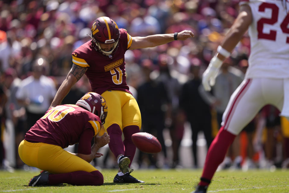 Washington Commanders place kicker Austin Seibert (3) kicks a field goal against the New York Giants during the first half of an NFL football game in Landover, Md., Sunday, Sept. 15, 2024. (AP Photo/Matt Slocum)