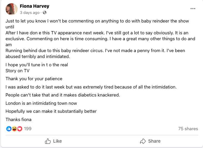 Fiona Harvey has said that she will reveal the true story during a TV appearance. Credit: Facebook 