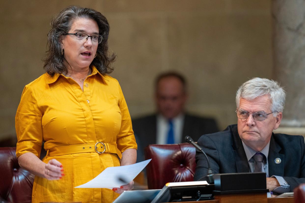 Senate Democratic Leader Melissa Agard (D-Madison) in the State Senate Thursday, September 14, 2023 at the Capitol in Madison, Wis. At right is Jeff Smith (D-Brunswick).
