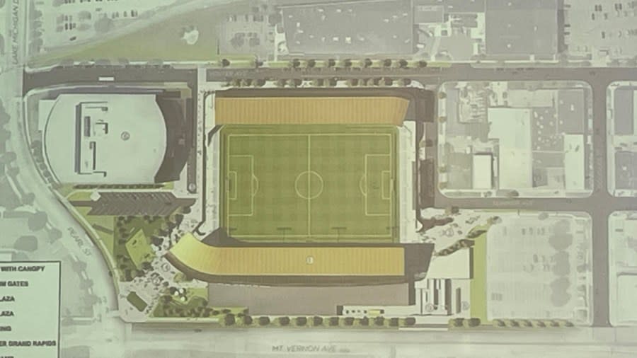 A map displayed at a March 28, 2024, Grand Rapids Planning Commission meeting shows the proposed location for a soccer stadium.