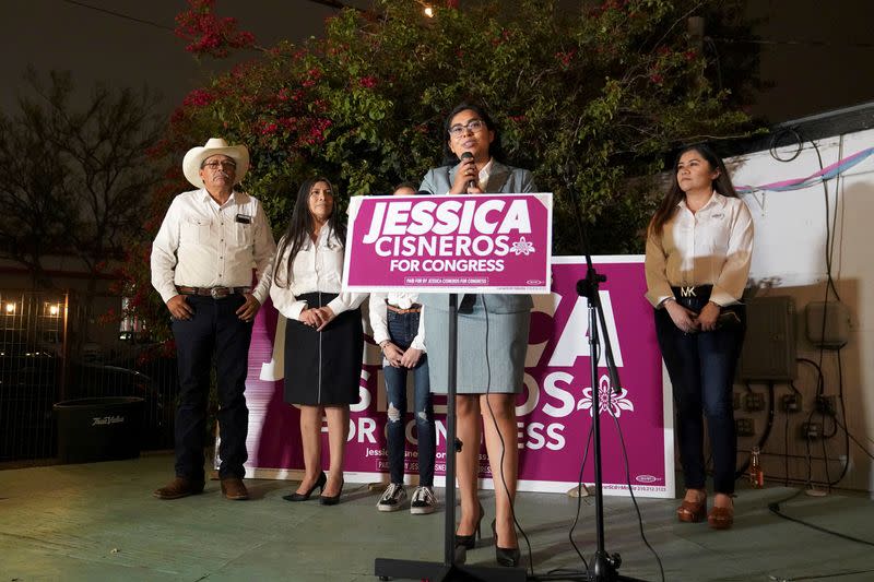 FILE PHOTO: Democrat Jessica Cisneros campaigns for a House seat speaks during her watch party