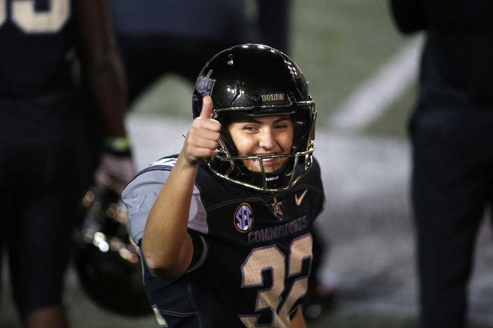 Vanderbilt Commodores kicker Sarah Fuller (32) gives a thumbs up after successfully kicking her second point after attempt during a game against Tennessee on Dec. 12. (Matthew Maxey/Icon Sportswire via Getty Images)