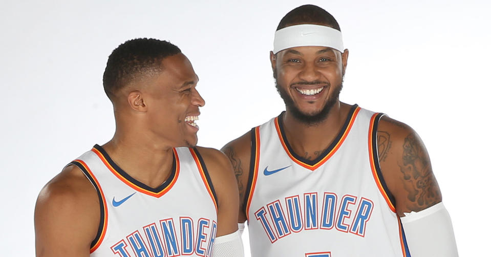 Russell Westbrook and Carmelo Anthony join forces this season after a trade sent Anthony to the Thunder. (Photo by Layne Murdoch/NBAE via Getty Images)