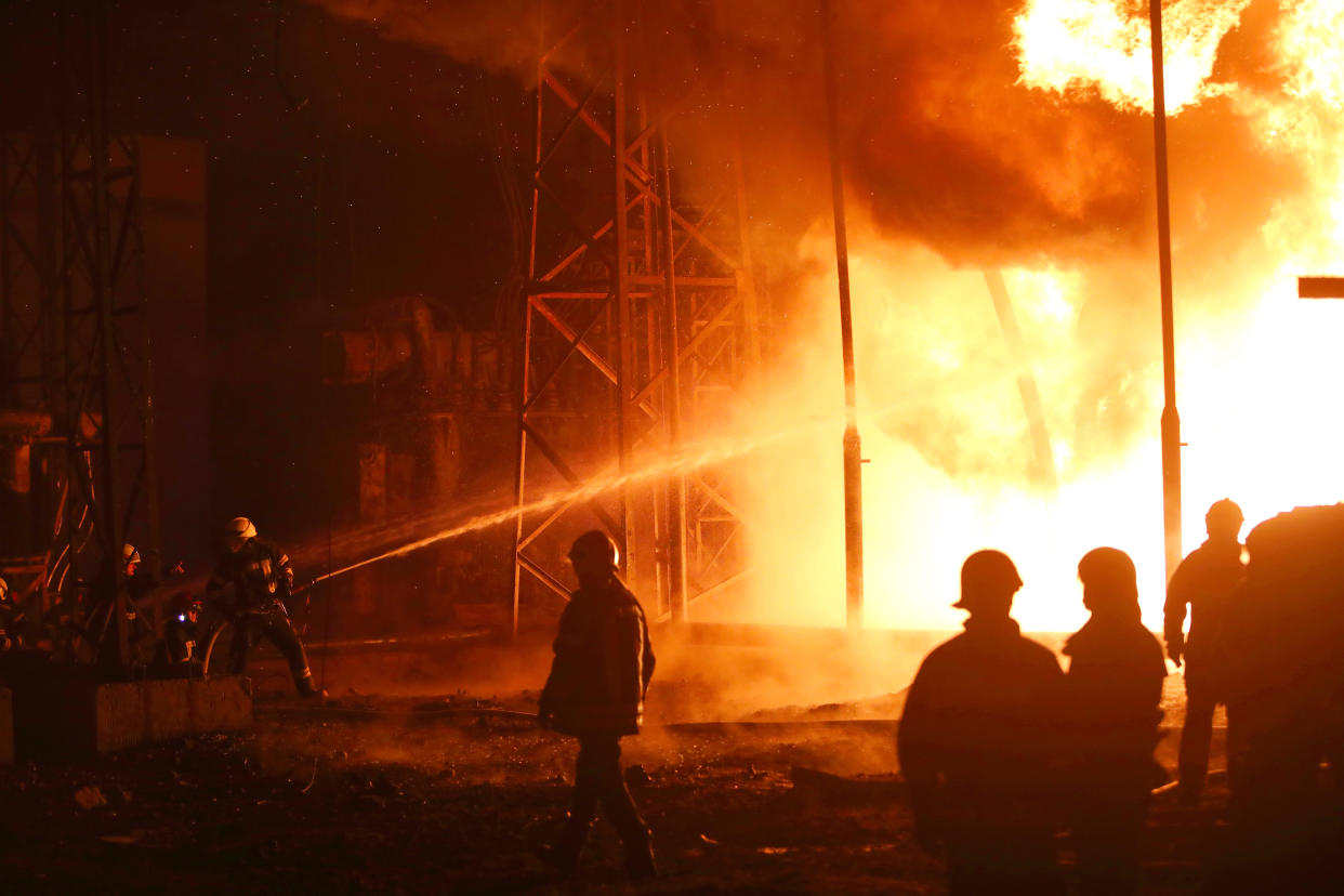 KHARKIV REGION, UKRAINE - SEPTEMBER 11, 2022 - Firefighters of the State Emergency Service (DSNS) work to put out the fire which erupted after a Russian missile attack at the energy facility, Kharkiv Region, northeastern Ukraine. On Sunday evening, Russian invaders launched 11 cruise missiles at critical civilian infrastructures. Seven missiles were intercepted by the Ukrainian military. (Photo credit should read Vyacheslav Madiyevskyy/ Ukrinform/Future Publishing via Getty Images)