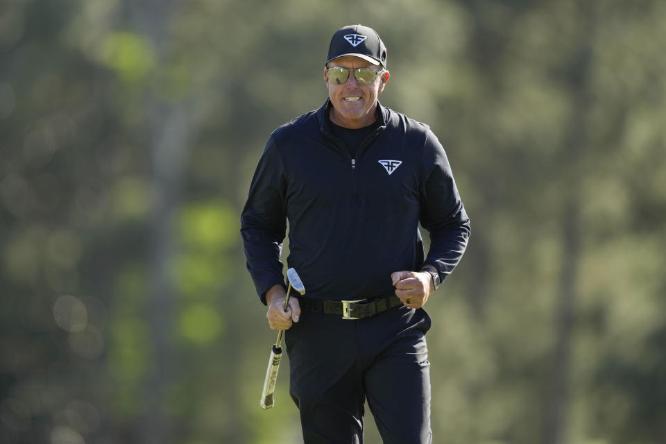 Phil Mickelson reacts on the 18th hole during the final round of the Masters golf tournament at Augusta National Golf Club on Sunday, April 9, 2023, in Augusta, Ga. (AP Photo/David J. Phillip)