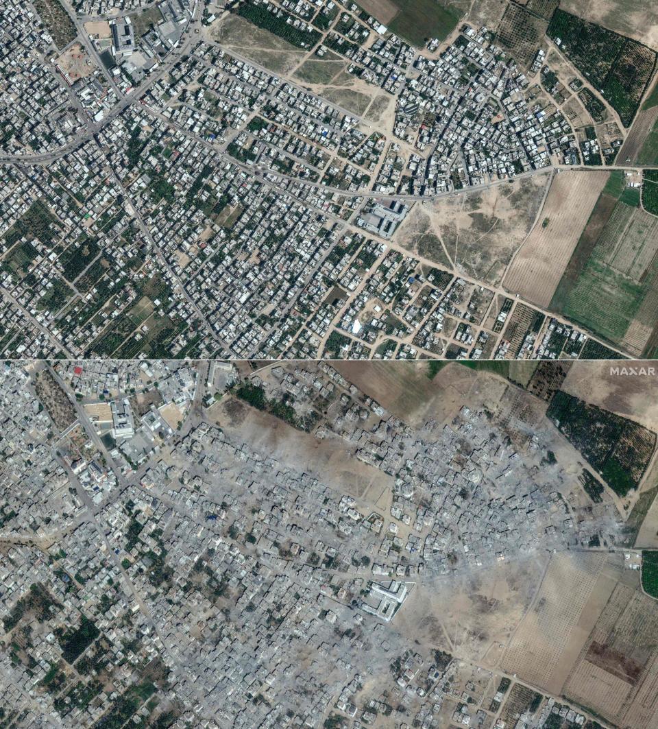 Beit Hanoun in the Gaza Strip on May 1, 2023, and (bottom) on October 21 (Satellite image Â©2023 Maxar Tech)