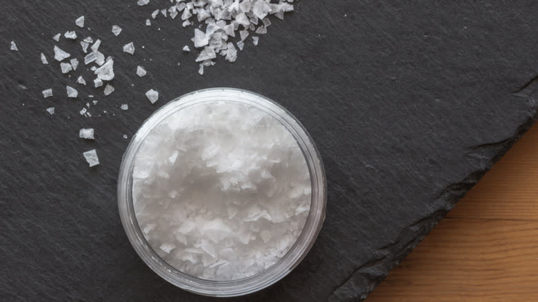 salt flakes in a small glass dish