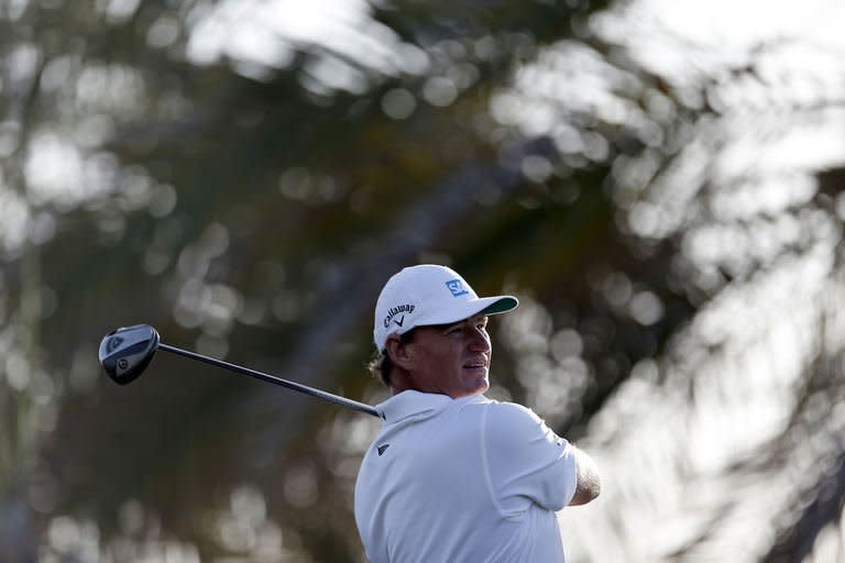 South Africa's Ernie Els plays a shot during the first round of the Abu Dhabi Golf Championship at the Abu Dhabi Golf Club in the Emirati capital on January 17, 2013. Justin Rose of England grabbed a share of the first round lead in the Abu Dhabi Golf Championship on a day when both Rory McIlroy and Tiger Woods struggled to get their seasons into gear