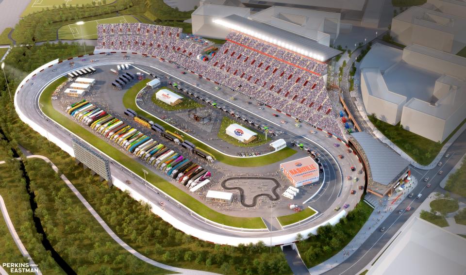 A rendering shows the historic Nashville Fairgrounds Speedway after renovations proposed by Bristol Motor Speedway.