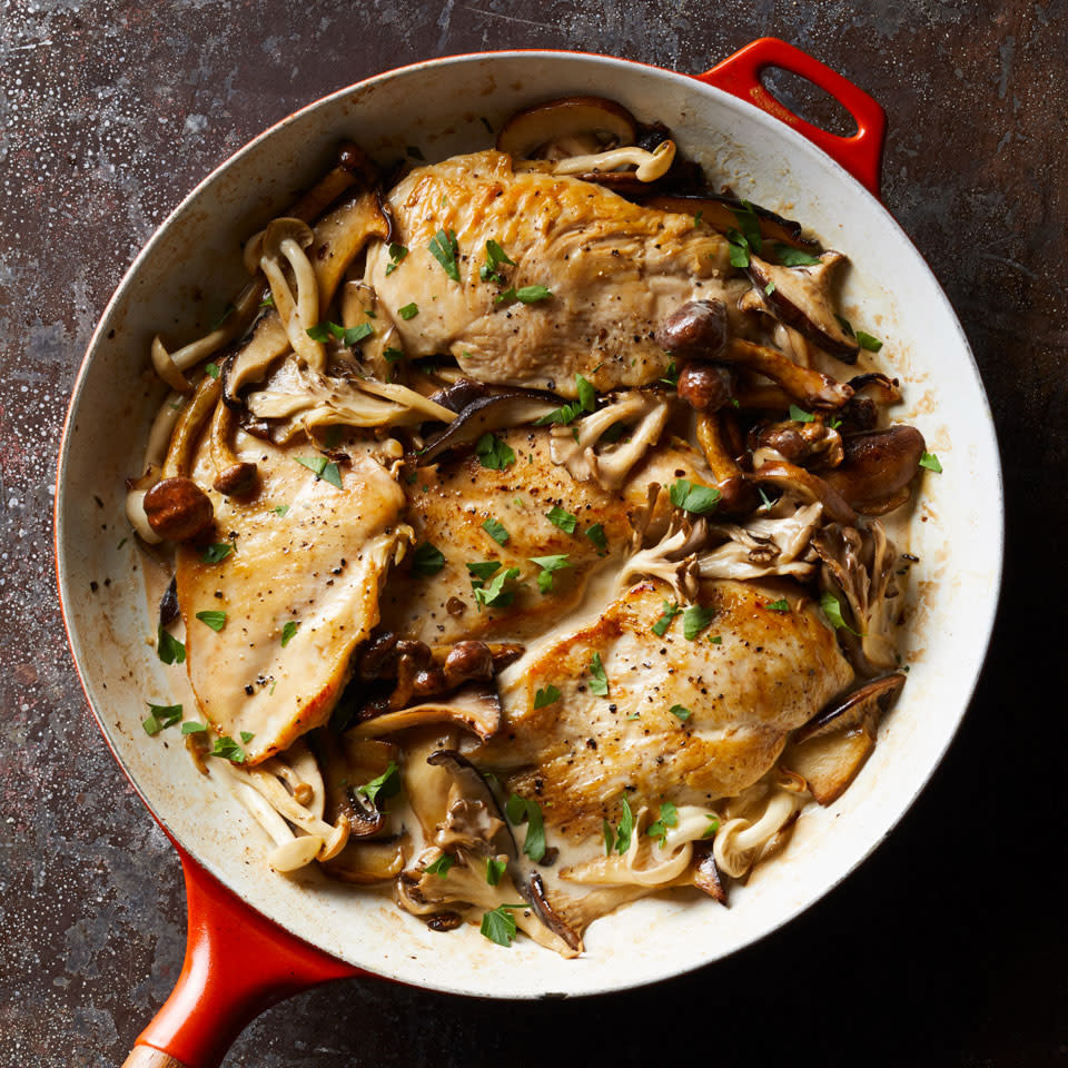 <p>Whether you scored wild mushrooms at the farmers' market, found cultivated maitake or shiitake at the supermarket or just have some baby bellas on hand, this healthy creamy chicken recipe is delicious with any of them. Serve over whole-wheat egg noodles or mashed potatoes.</p> <p> <a href="https://www.eatingwell.com/recipe/259645/creamy-chicken-mushrooms/" rel="nofollow noopener" target="_blank" data-ylk="slk:View Recipe" class="link ">View Recipe</a></p>