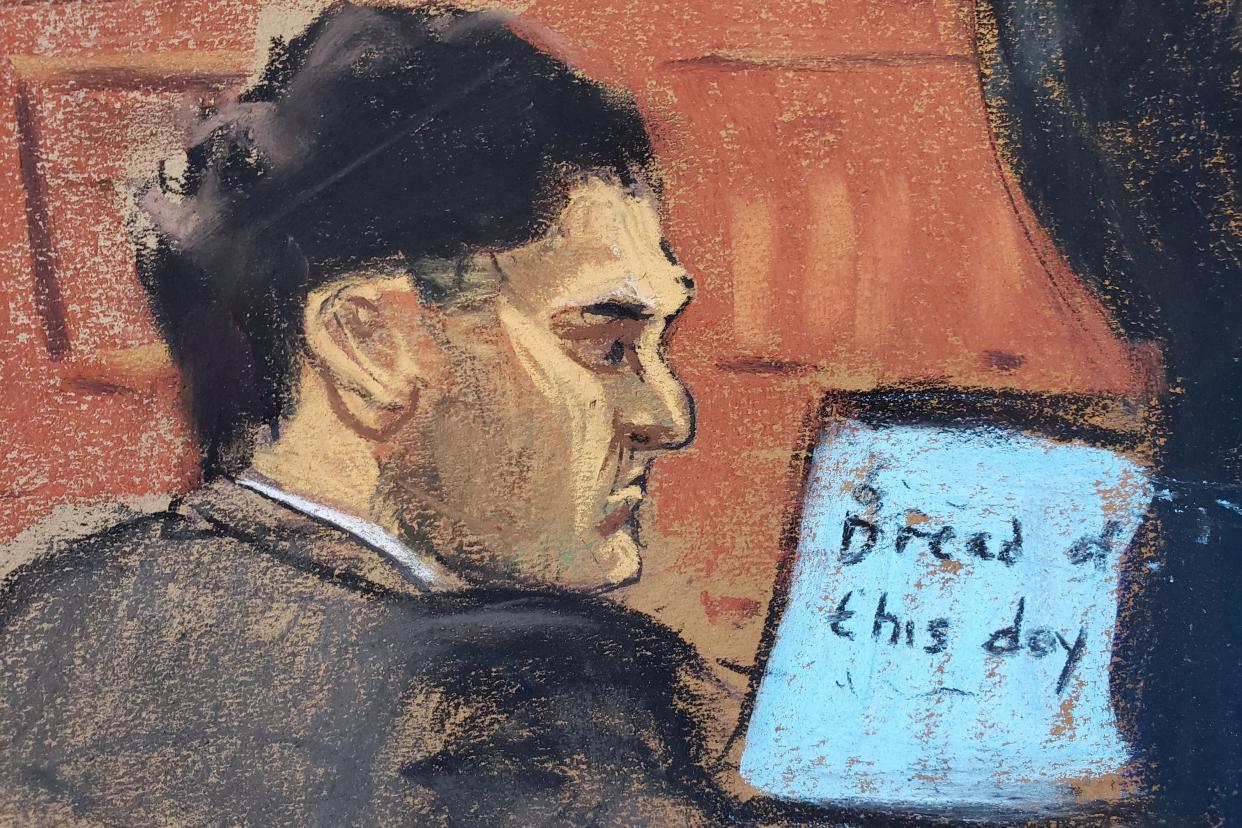 A sketch of Sam Bankman-Fried in the courtroom.