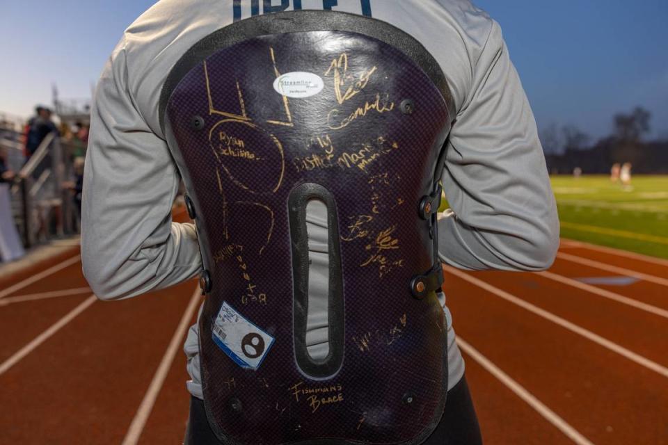 Gabby Orlet’s back brace, signed by her fellow team mates and friends, at Althoff High School in Belleville, Ill. on March 11, 2024.