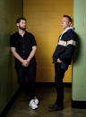 Harrison Mills, left, and Clayton Knight of ODESZA pose for a portrait at Angel of the Winds Arena on Monday, July 18, 2022, in Everett, Wash. (AP Photo/Lindsey Wasson)