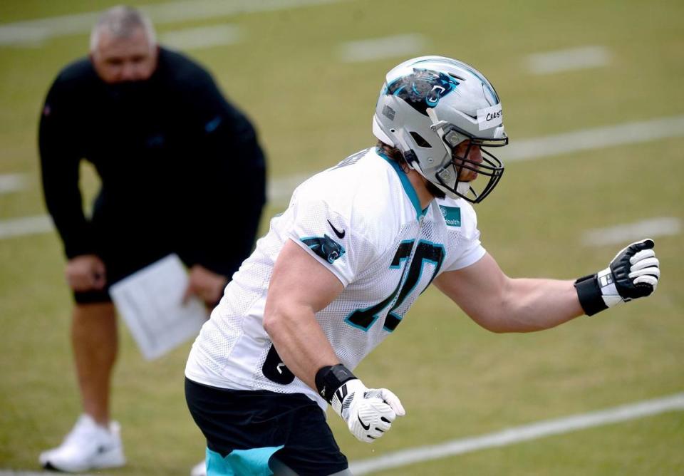 Carolina Panthers rookie tackle Brady Christensen works on technique during the teamÕs 2021 rookie minicamp practice on Friday, May 14, 2021.