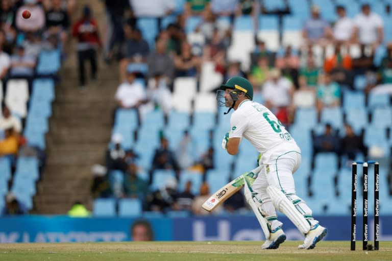 South African Dean Elgar watches the ball after playing a shot during the second day of the first Test match against India in Centurion. (PHILL MAGAKOE)