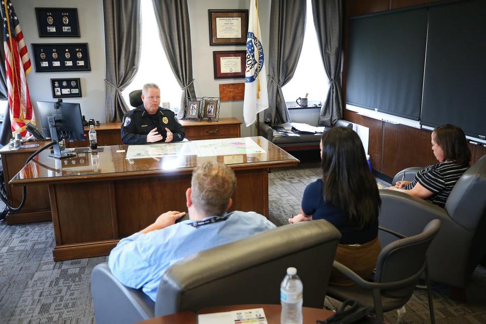 Akron Police Chief Steve Mylett discusses Monday's officer-involved shooting in Akron's Firestone Park neighborhood with reporters in his office on Wednesday.