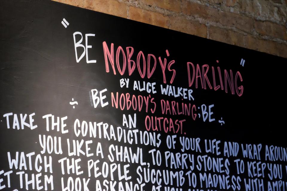 The text of "Be Nobody's Darling" by Alice Walker can be seen inside Nobody's Darling in Chicago, Illinois, on May 4, 2023.