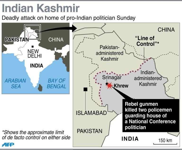 Map locating Khrew in Indian-administered Kashmir where rebel gunmen killed two policemen guarding the home of a pro-Indian politician on Sunday