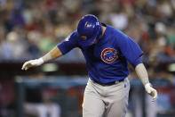 Chicago Cubs' Yan Gomes (7) reacts after hitting a solo home run during the fourth inning of the team's baseball game against the Arizona Diamondbacks on Saturday, May 14, 2022, in Phoenix. (AP Photo/Chris Coduto)