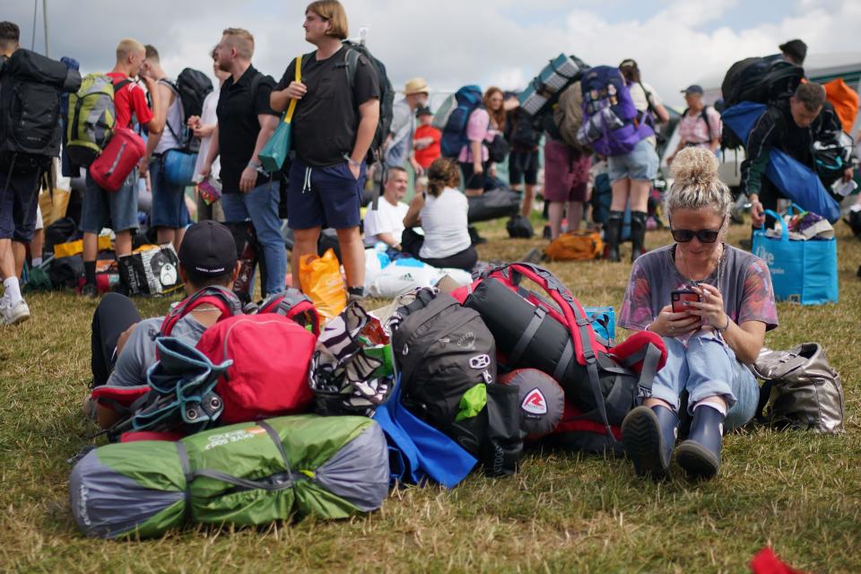 People queue for entry on the first day of the Glastonbury Festival at Worthy Farm in Somerset. Picture date: Wednesday June 21, 2023.