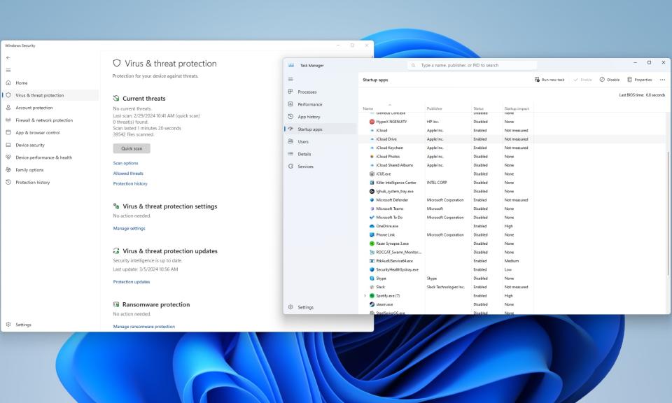 A screenshot of Windows 11's built-in security and task management tools in a desktop environment.