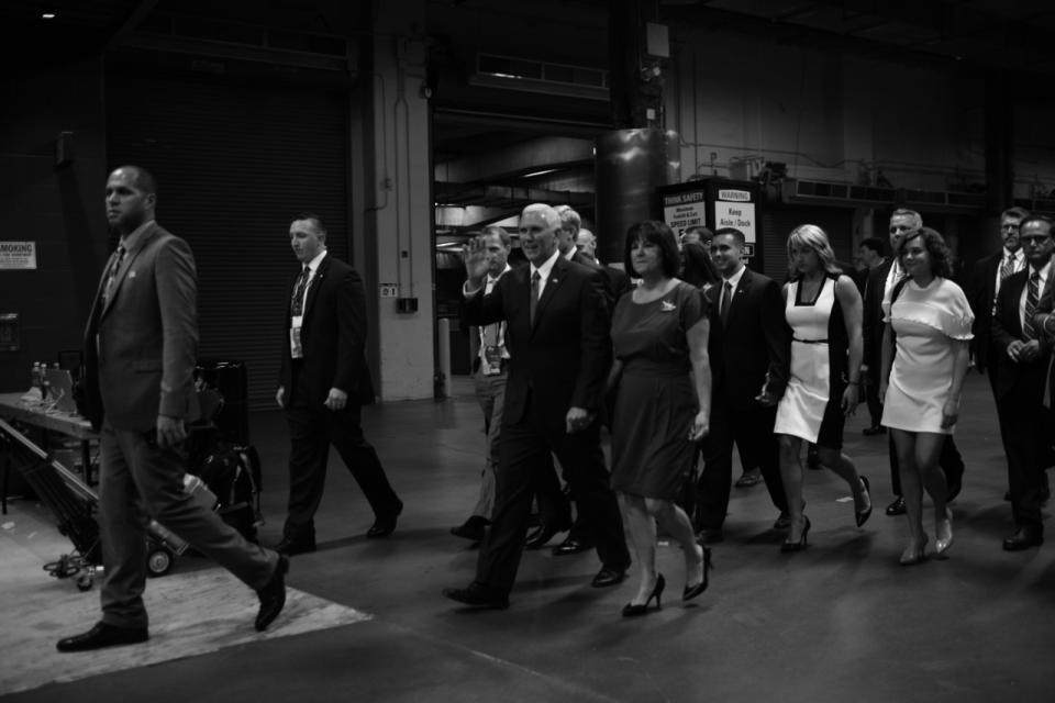 <p>Gov. Mike Pence and family arrive during the convention in Cleveland. (Photo: Khue Bui for Yahoo News)</p>