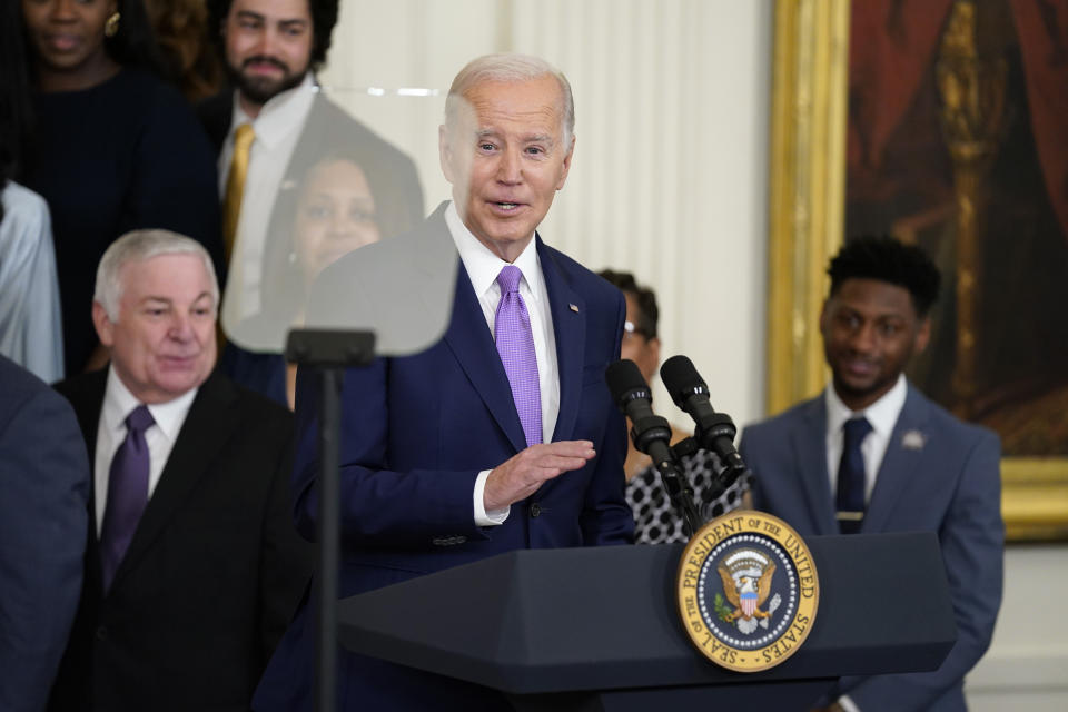President Joe Biden speaks during an event to honor the 2023 NCAA national champion LSU women's basketball team in the East Room of the White House, Friday, May 26, 2023, in Washington. (AP Photo/Evan Vucci)