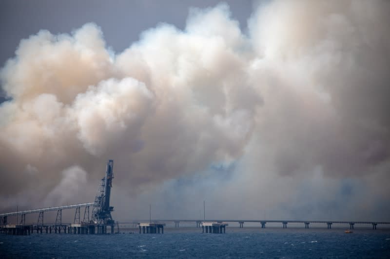 Smoke rises from the Eden Woodchip Mill, from a fire that has been blazing for days, in Eden