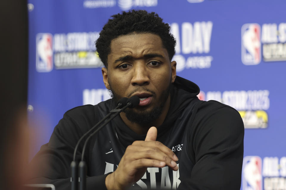 Cleveland Cavaliers' Donovan Mitchell addresses the media during the NBA All-Star Media Day Saturday, Feb. 18, 2023, in Salt Lake City. (AP Photo/Rob Gray)