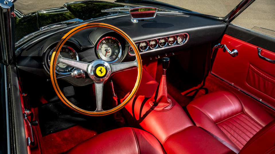 Originally made for the US market, the Ferrari 250 GT Spyder featured a left-hand-drive configuration, replicated here on the recreation. - Credit: Photo by Barry Hayden, courtesy of GTO Engineering.